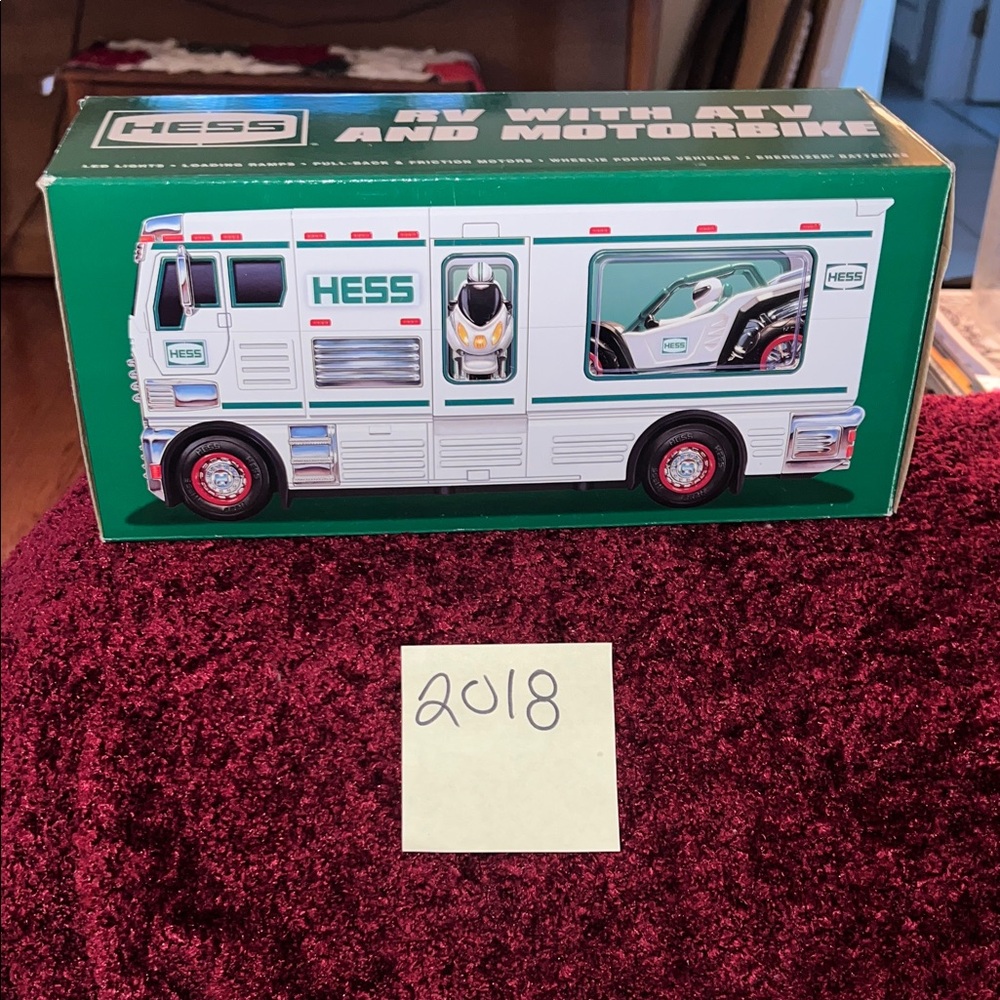 Hess White and Green RV with ATV and Motorcycle